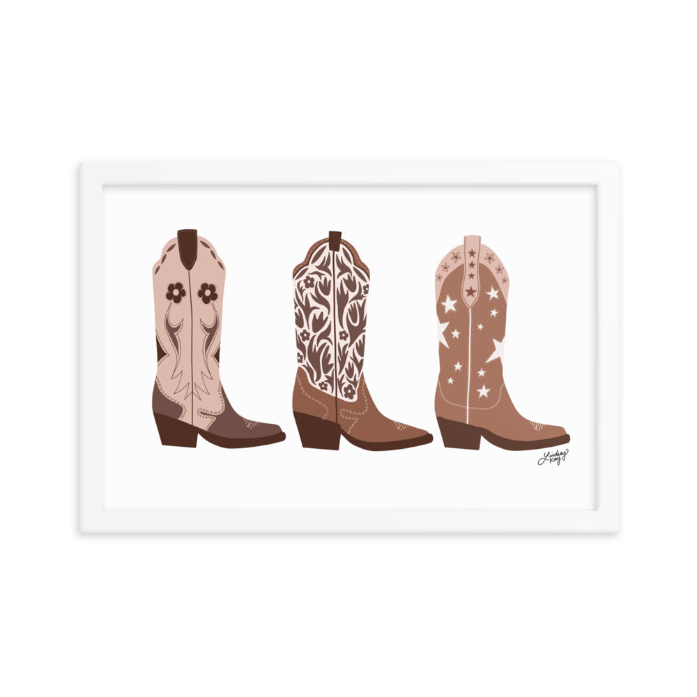 brown cowboy boots illustration art print poster framed wall art western decor lindsey kay collective
